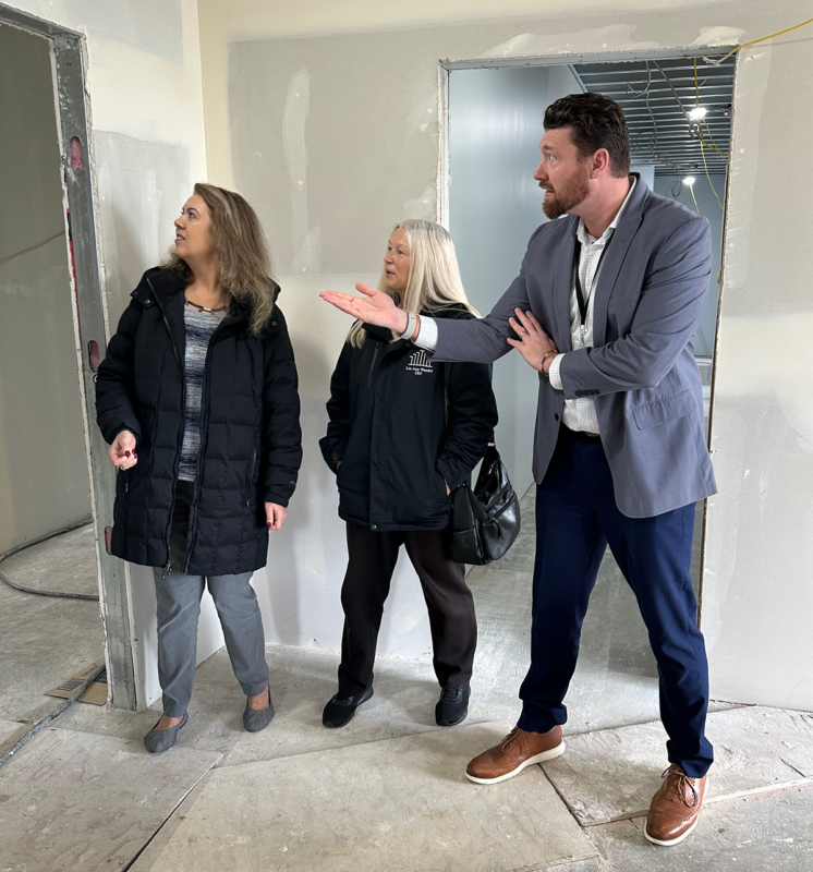 CTCLUSI leadership visit Three Rivers Health Center to view construction progress January 29, 2024. From left to right: Iliana Montiel, Assistant Director of Health Services; Lee Ann Wander, CEO; John R. Reeves III, Health Administrator.