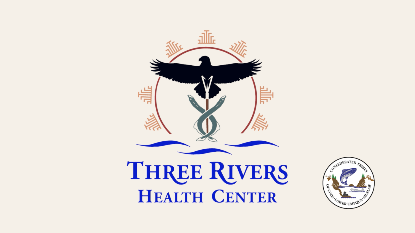 Cover slide for Three Rivers Health Center Grand Opening Reveal video. Three Rivers Health Center logo and CTCLUSI logo on solid background